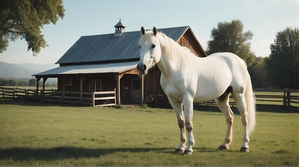 A white horse standing on a farm background with farmhouse ranch from Generative AI
