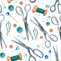 Seamless pattern with scissors, spools of threads, safety pins, buttons, needles. Hand drawn watercolor illustration on isolated background use for wrapping paper, packaging, wallpaper, textile design