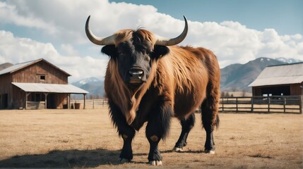 A yak standing on a farm background with farmhouse ranch from Generative AI - obrazy, fototapety, plakaty