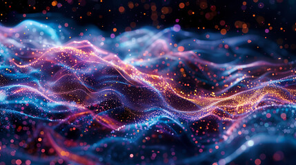 Vibrant waves flowing in an abstract digital space, resembling neural networks dotted with glittering nodes and data particles.