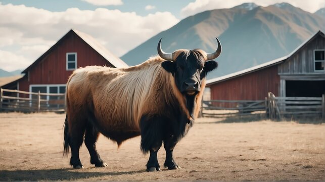 A yak standing on a farm background with farmhouse ranch from Generative AI