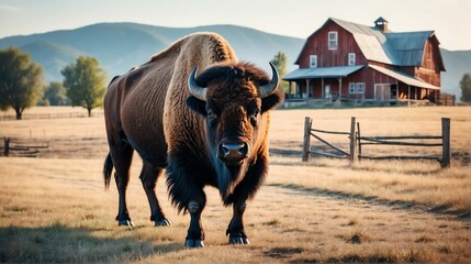 An bison standing on a farm background with farmhouse ranch from Generative AI - obrazy, fototapety, plakaty