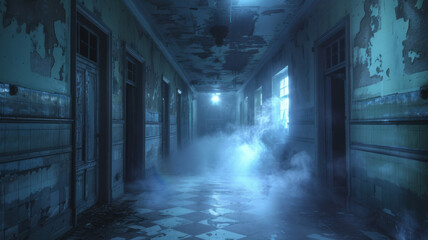 Abandoned asylum, hallways patrolled by the glowing spirits of former patients - obrazy, fototapety, plakaty