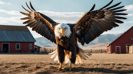 An eagle standing on a farm background with farmhouse ranch from Generative AI - obrazy, fototapety, plakaty