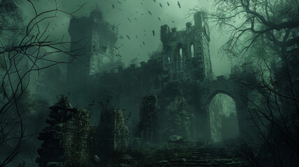 Abandoned castle overrun by thorns, with dark magic pulsing from within