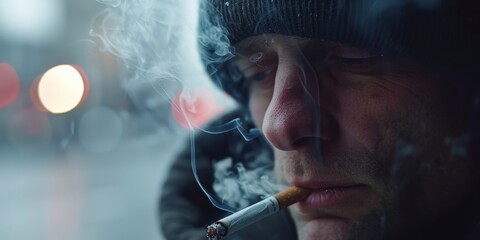 A man smokes a cigarette while wearing a black hat - obrazy, fototapety, plakaty