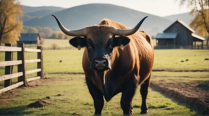 An ox standing on a farm background with farmhouse ranch from Generative AI - obrazy, fototapety, plakaty