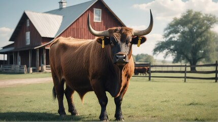 An ox standing on a farm background with farmhouse ranch from Generative AI