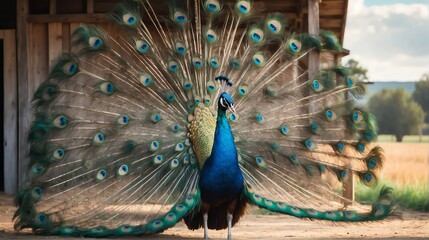 Obraz premium An peacock standing on a farm background with farmhouse ranch from Generative AI