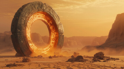 An otherworldly portal in the desert, ancient runes glowing on its frame