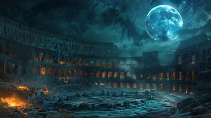 Ancient coliseum where spectral gladiators battle under a full moon