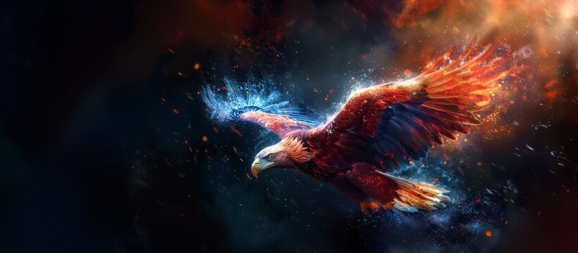 Eagle on American flag colors flying on dark sky, USA National symbol, freedom concept