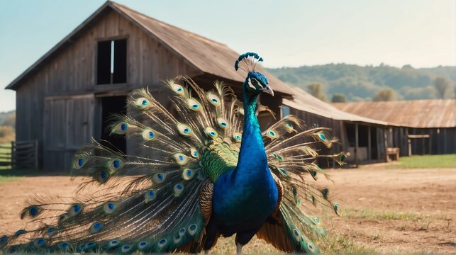 An peacock standing on a farm background with farmhouse ranch from Generative AI