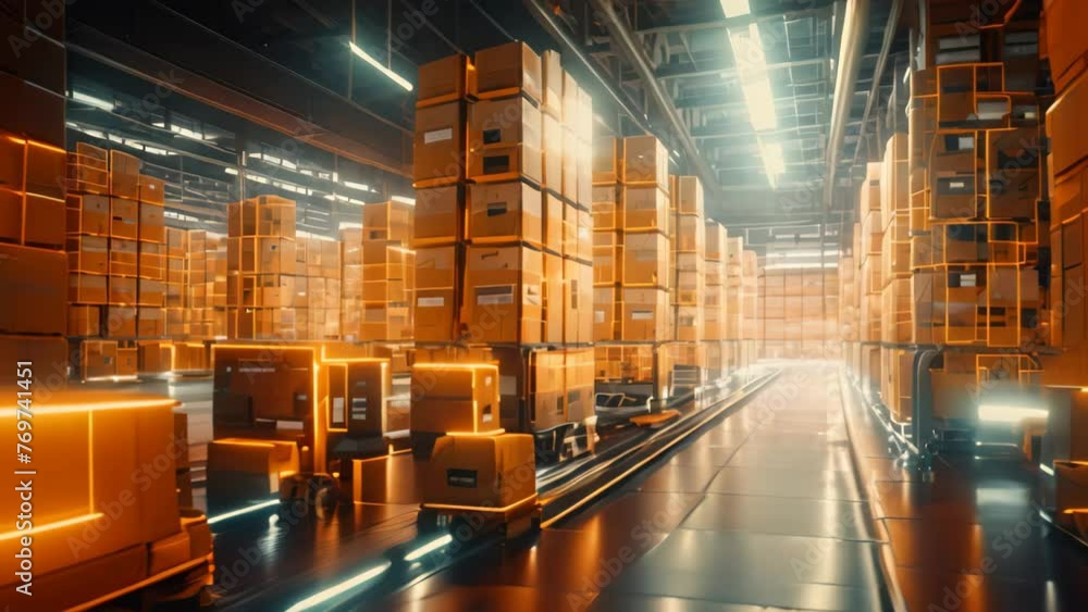 Aufkleber 3d rendering of a conveyor belt in a warehouse with containers, experience the future of automated w