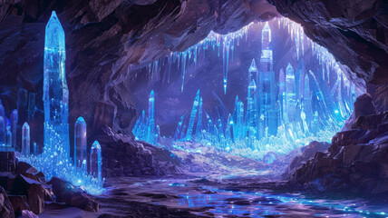 Crystal cave with neon-blue ice and glowing, magical artifacts