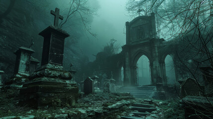 Cursed graveyard where spirits roam, with an ancient crypt at its heart