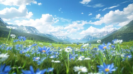 Beautiful meadow with blue flowers and daisies 