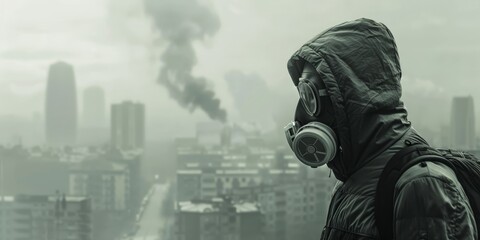 A man wearing a gas mask stands in front of a city skyline