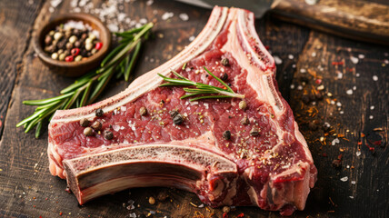 Dry-aged T-bone steak, prominently displaying its marbling and age spots