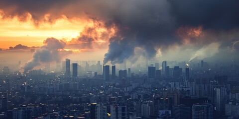 A city skyline is shown with a large cloud of smoke in the background