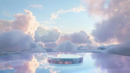 Fototapeten Floating glass podium in a serene, cloud-filled sky, ethereal vibe © Anuwat