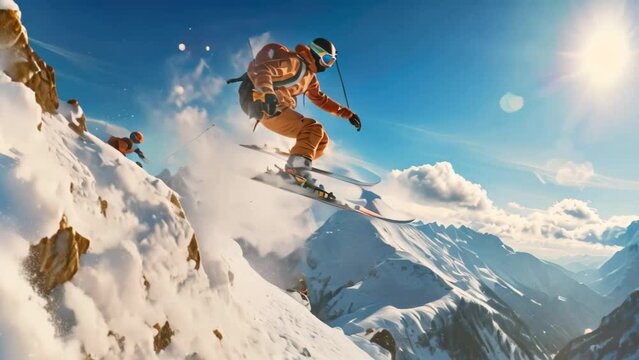 Flying skier on mountains. Extreme winter sport. 3d rendering, Extreme skiing and jumping on the snow, no visible faces, AI Generated