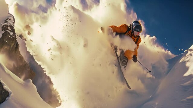 Snowboarder jumping in high mountains. Extreme winter sport. 3D Rendering, Extreme skiing and jumping on the snow, no visible faces, AI Generated