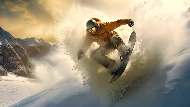 Flying snowboarder on mountains. Extreme winter sport. 3D Rendering, Extreme snowboarding on the snow, no visible faces, AI Generated
