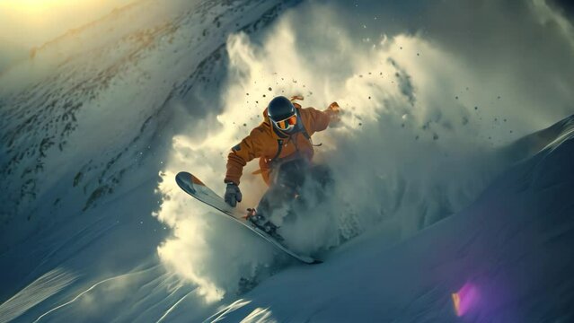 Snowboarder jumping in mountains. Extreme winter sport. 3d rendering, Extreme snowboarding on the snow, no visible faces, AI Generated