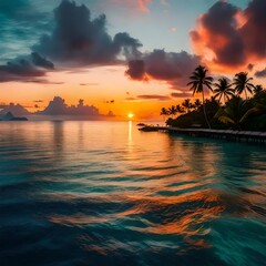 Fototapeta na wymiar Stunning colorful sunset sky with clouds on the horizon of the South Pacific Ocean. Lagoon landscape in Moorea. Luxury travel