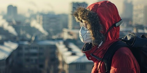 A person wearing a red coat and a mask stands on a rooftop in a city - obrazy, fototapety, plakaty