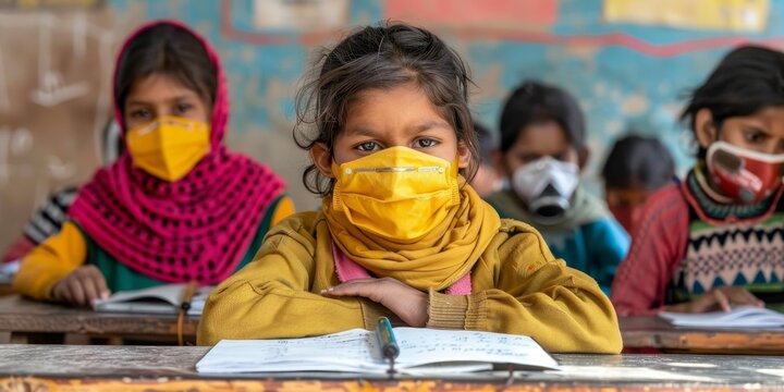 A girl wearing a yellow mask sits at a desk with other children