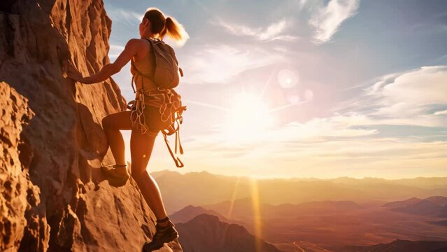 Young woman climbing on a cliff. Sport and active life concept, Extreme woman rock climbing on a mountain, no visible faces, AI Generated