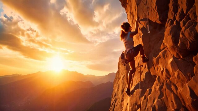 Young woman climbing on a rocky wall against the backdrop of a beautiful sunset, Extreme woman rock climbing on a mountain, no visible faces, AI Generated