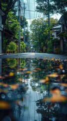beautiful view of a rainy street road with reflections in puddles at rainy weather at day time