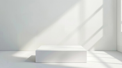 Minimal white cube podium in a bright studio, for clean and simple product designs