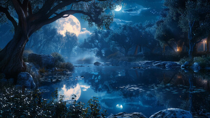 Moonlit grove with a mystical pond, reflection showing another world