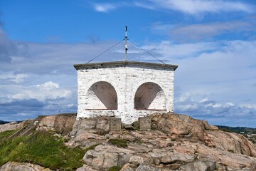 Picturesque historic lighthouse on a rocky cliff in Lindesnes, Norway