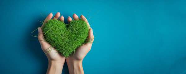 Flat lay hand hold world grass in heart shape , World environmental , Earth day ,Save the earth. - obrazy, fototapety, plakaty