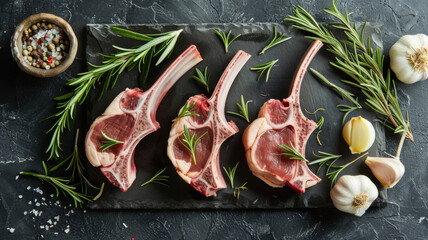 Organic grass-fed lamb chops, arranged with rosemary and garlic cloves - obrazy, fototapety, plakaty