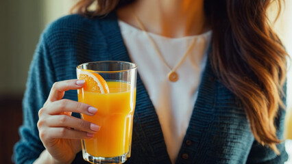 Woman Savoring Fresh Orange Juice