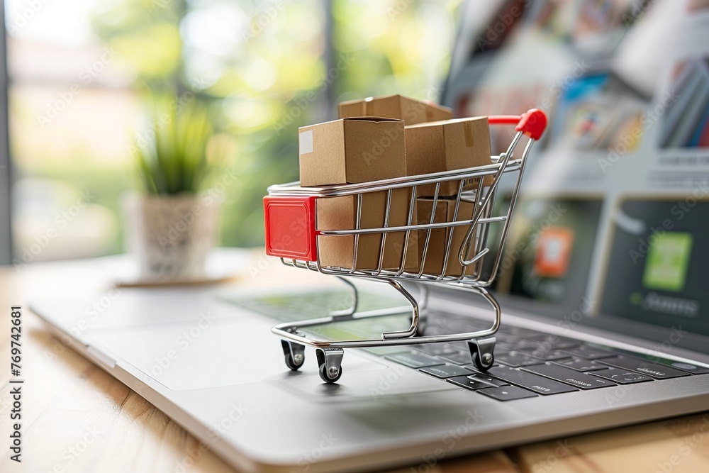 Poster imagine a symbolic online shopping concept where a cart filled with boxes is perched on a laptop com