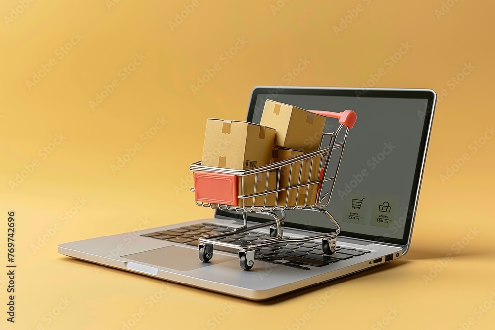 Poster imagine a symbolic online shopping concept where a cart filled with boxes is perched on a laptop com