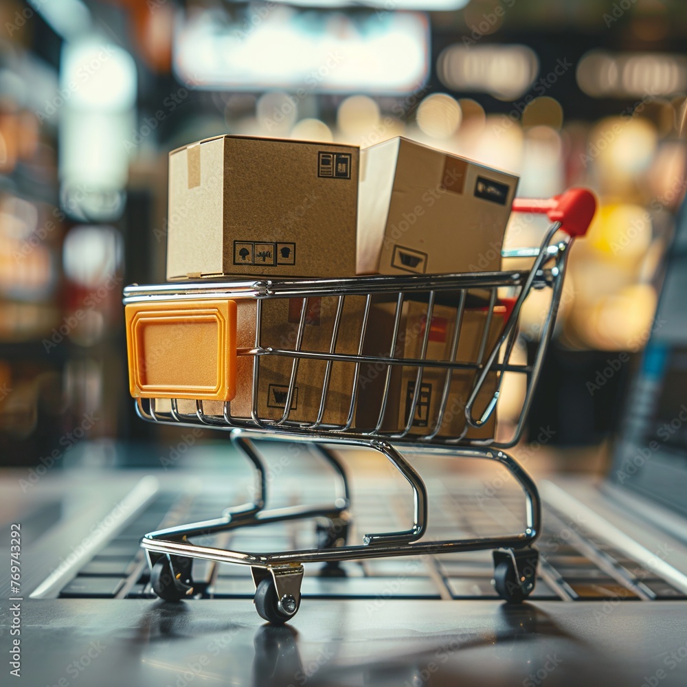 Poster imagine a symbolic online shopping concept where a cart filled with boxes is perched on a laptop com