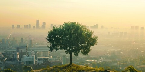 A tree is standing in the middle of a city