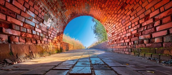 Red brick walkway tunnel under blue sky.