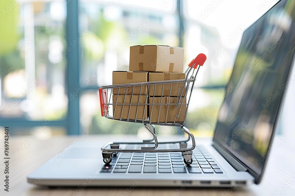 Poster imagine a symbolic online shopping concept where a cart filled with boxes is perched on a laptop com