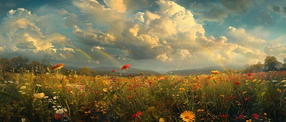 Wildflower meadow, oil painting effect, rainbow after rain, wide lens perspective. - obrazy, fototapety, plakaty