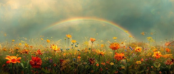 Wildflower meadow, oil painting effect, rainbow after rain, wide lens perspective. - obrazy, fototapety, plakaty