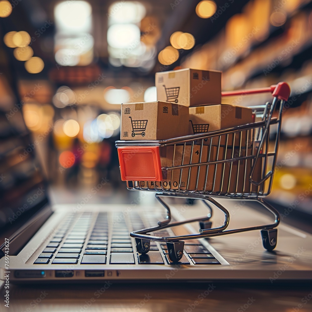 Poster imagine a symbolic online shopping concept where a cart filled with boxes is perched on a laptop com